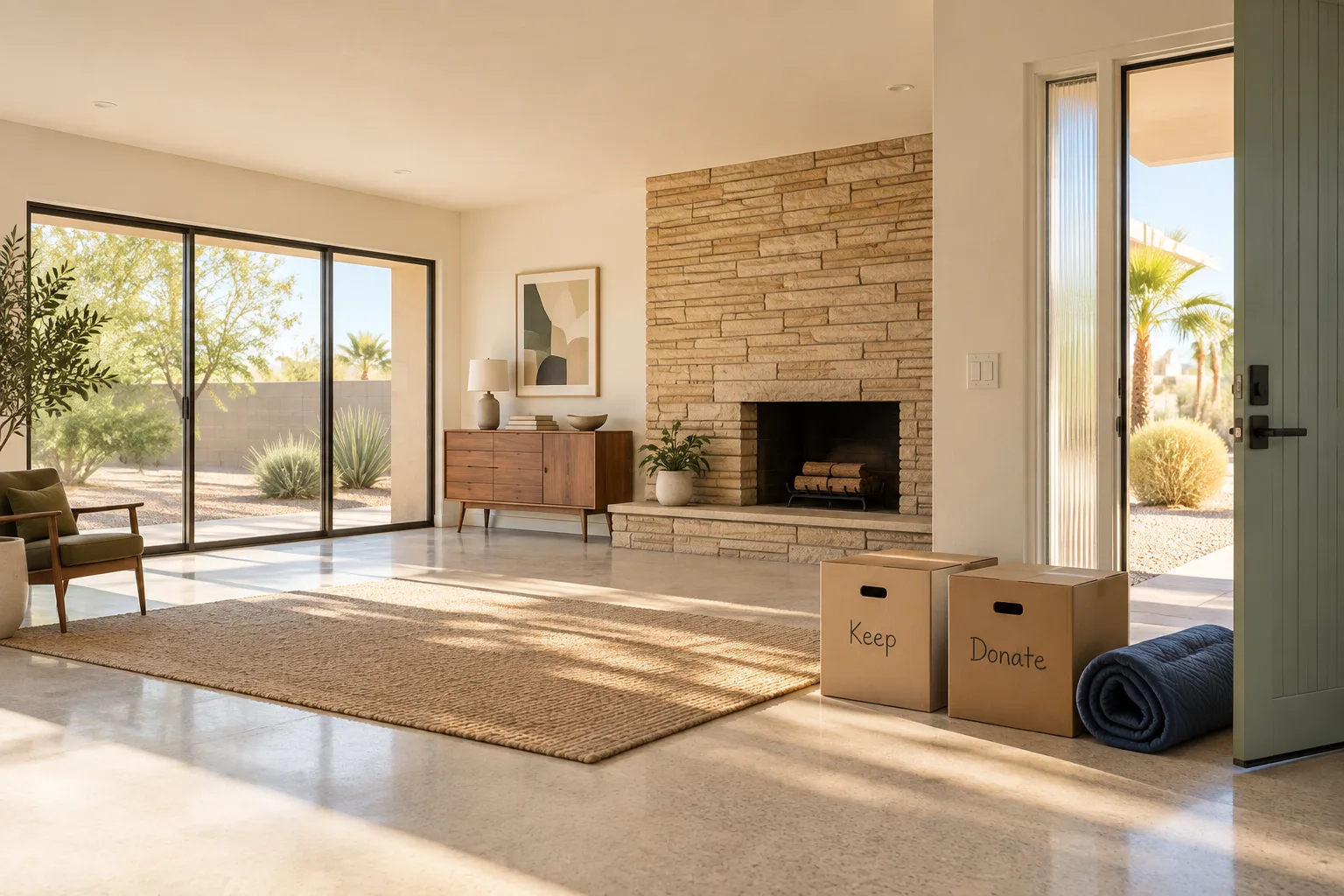 Cleared living room with sorting boxes near an open doorway