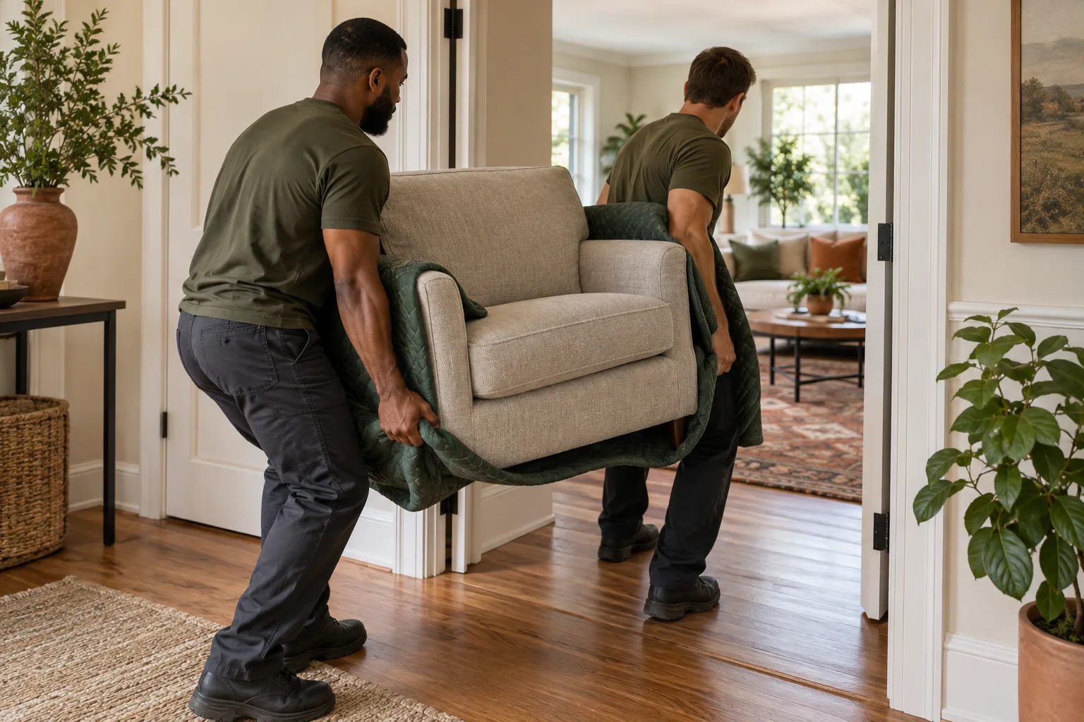 Family members sort furniture and household items for a smaller home