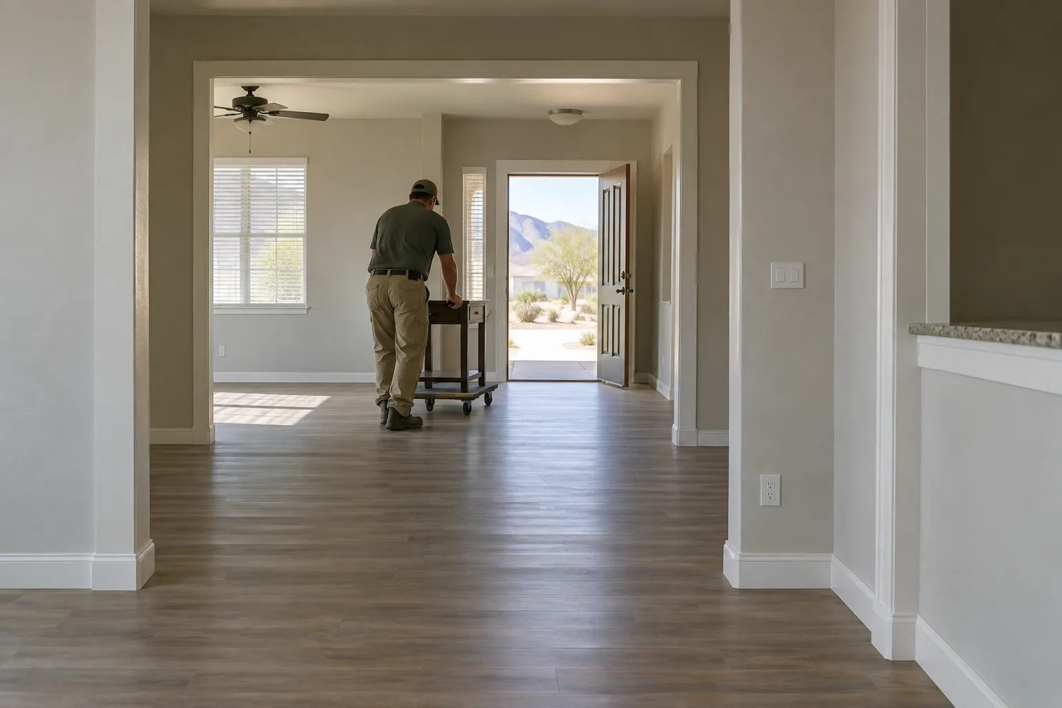 Worker removes the last small table from an empty property